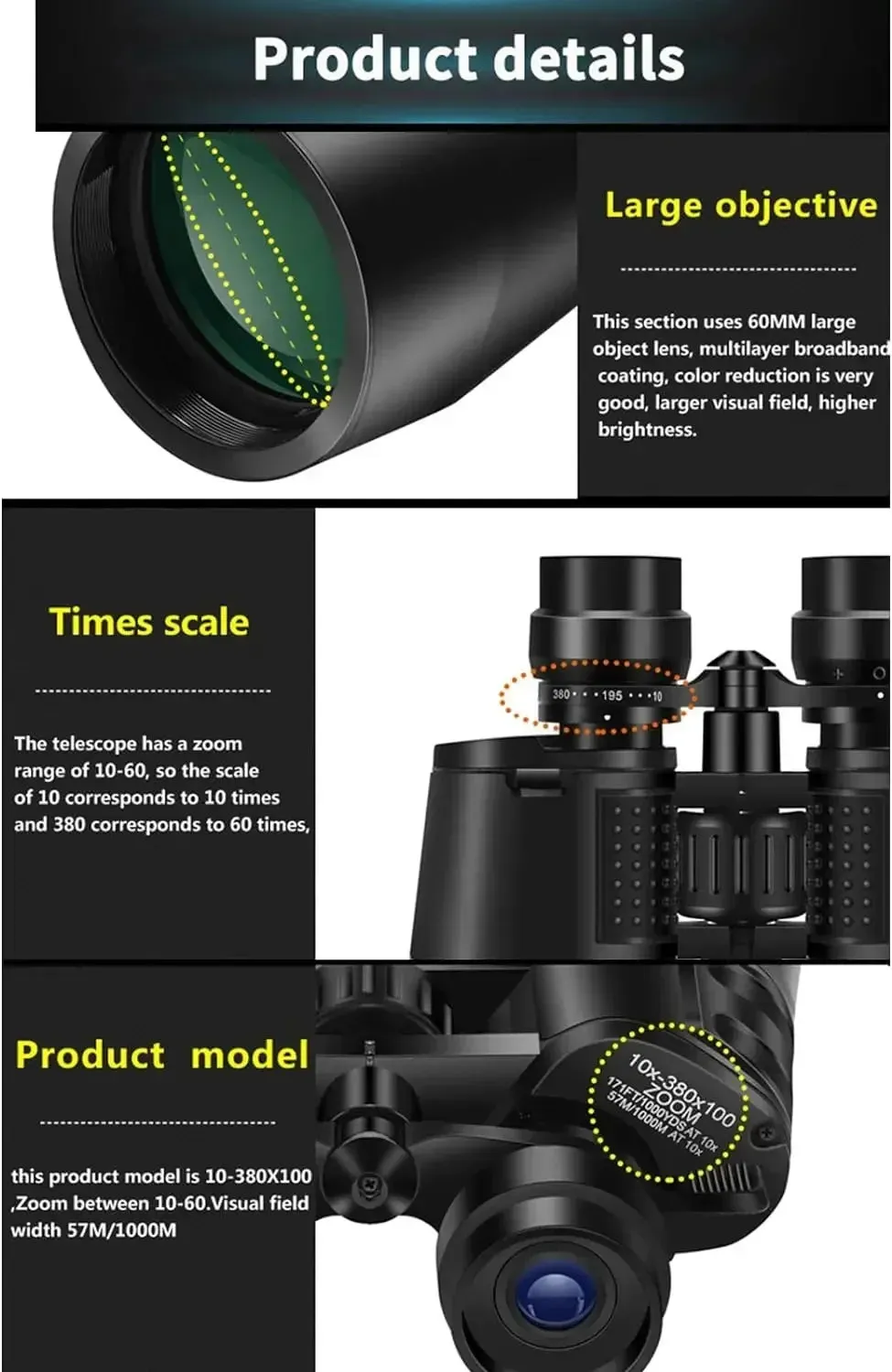 10-380X100 Zoom Binoculars High Power HD Binoculars BAK4 Prism for Bird Watching, Hunting, Hiking, Travelling