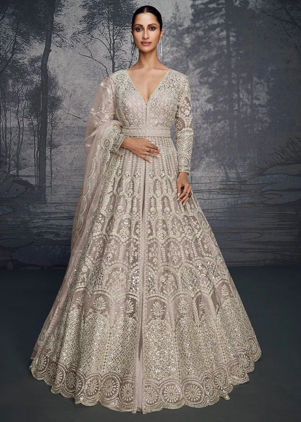 African Purple Embroidered Net Lehenga Choli with Swarovski, Moti, and Hand Detailing