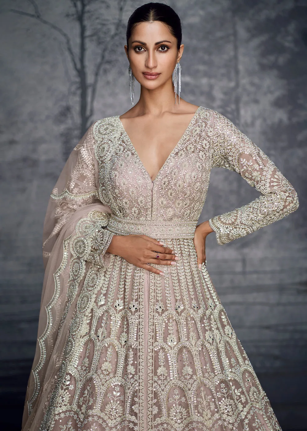 African Purple Embroidered Net Lehenga Choli with Swarovski, Moti, and Hand Detailing