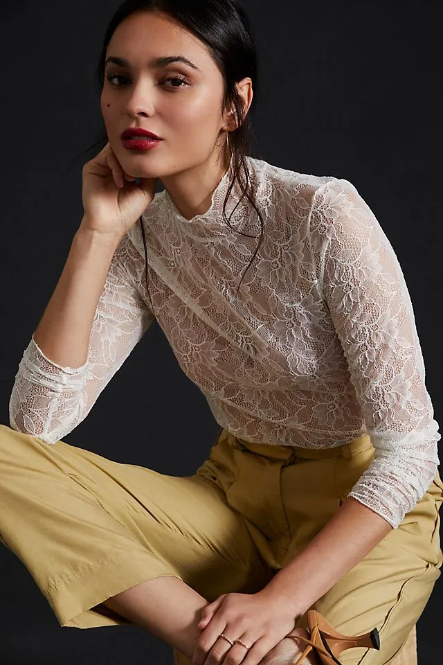 Anthropologie layered lace turtleneck, white