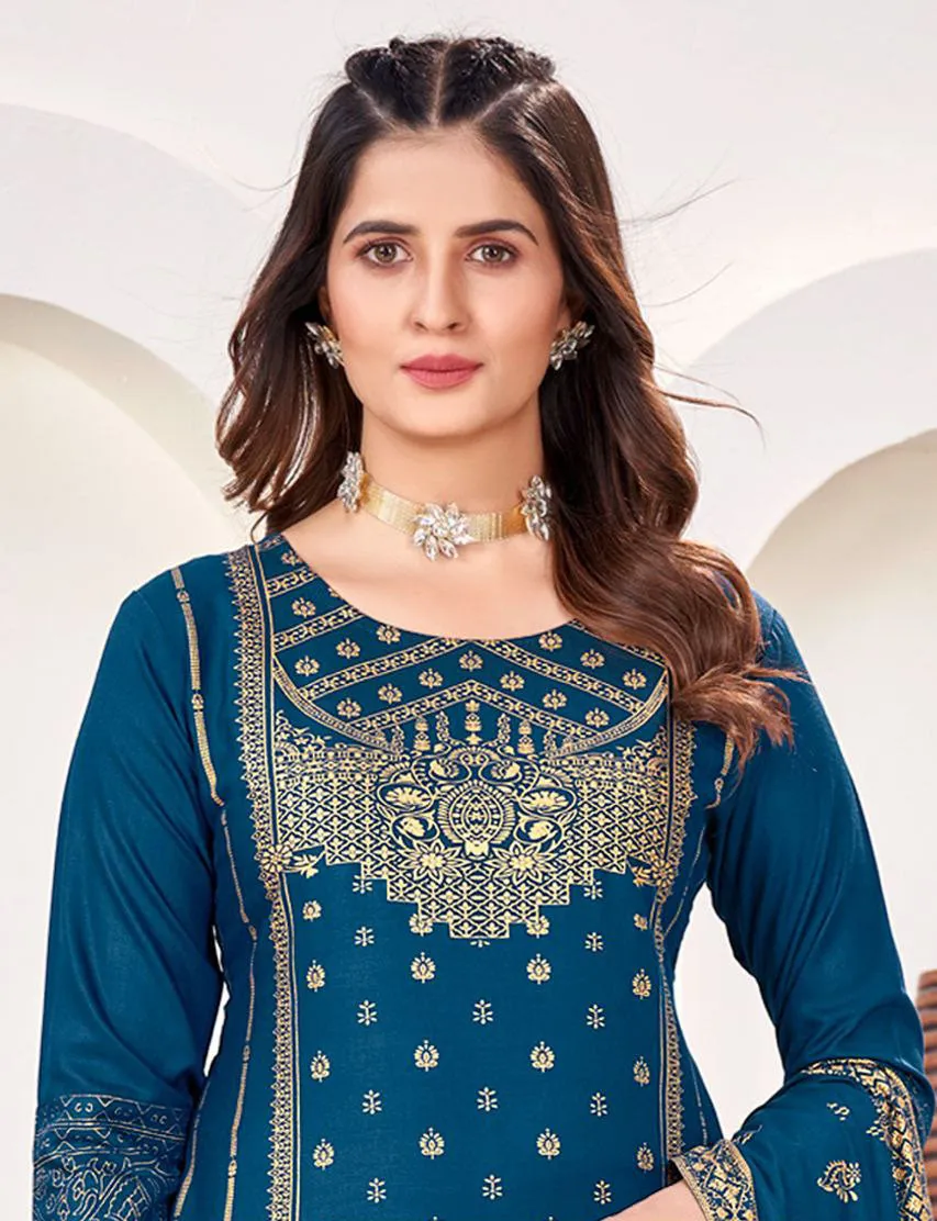Attractive Teal Blue Colored Rayon Party Wear Salwar Suits With Gold Print Work
