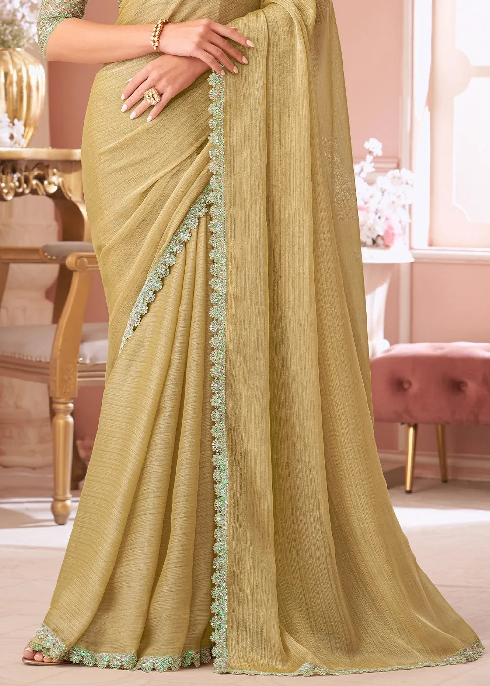 Beige Brown Embellished Georgette Saree with Designer Blouse