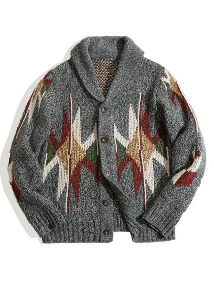 Casual Jacquard Lapel Cardigan Sweater