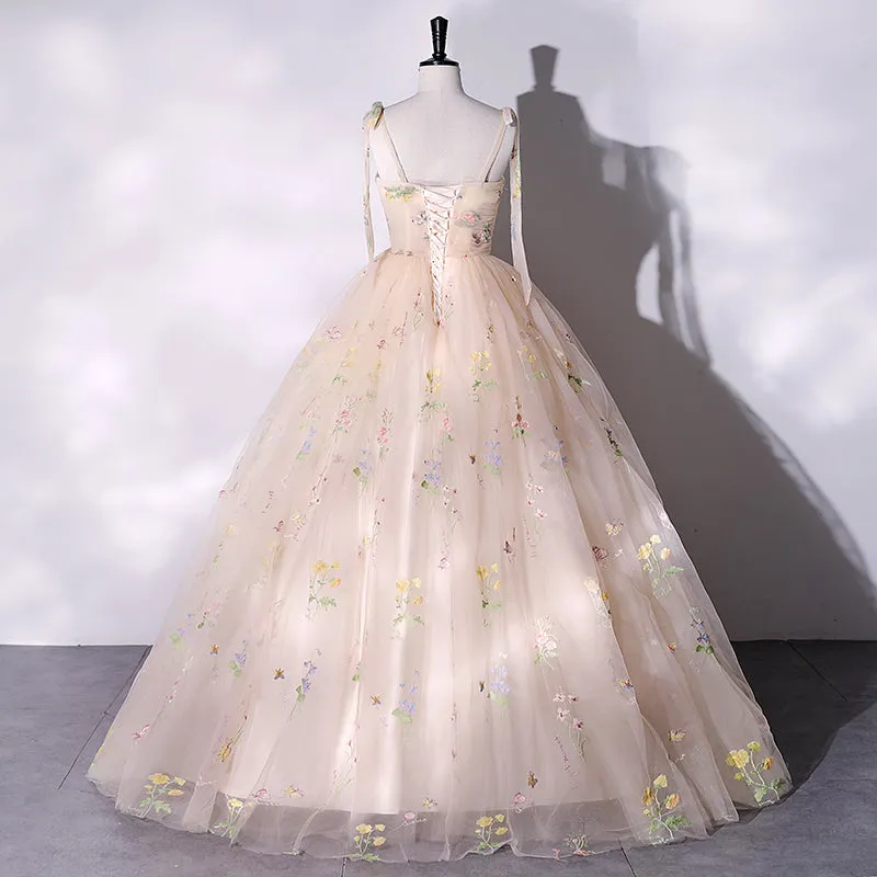 Champagne Floral Tulle Straps Sweetheart Long Party Dress, Ball Gown Sweet 16 Dresses