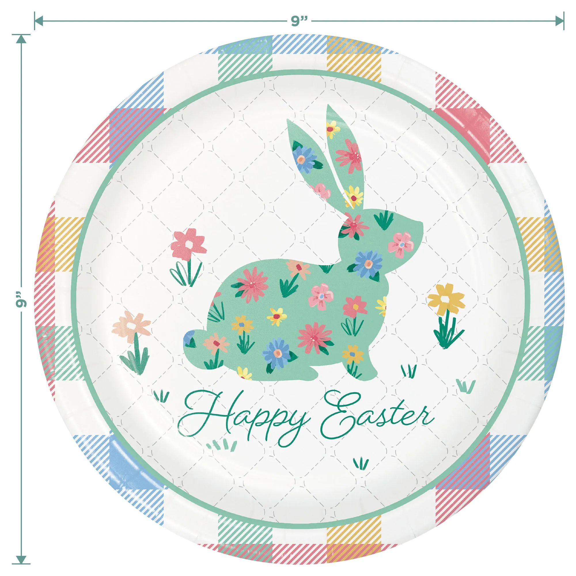 Cottage Floral & Plaid Easter Bunny Round Paper Dinner Plates, Lunch Napkins, and Forks