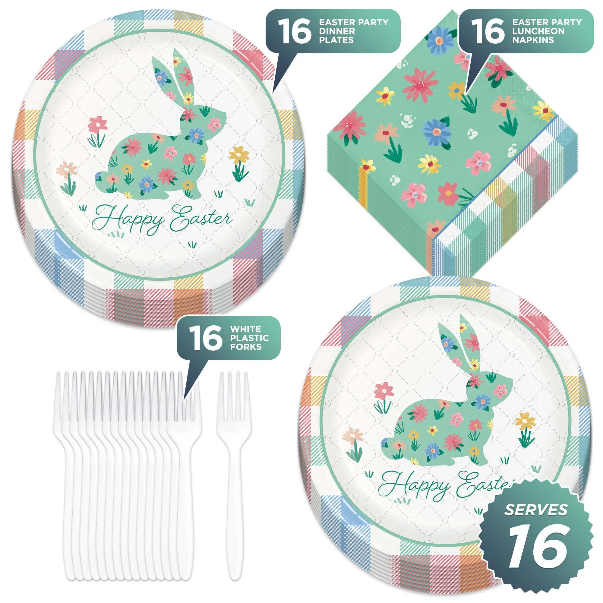 Cottage Floral & Plaid Easter Bunny Round Paper Dinner Plates, Lunch Napkins, and Forks
