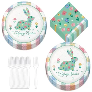 Cottage Floral & Plaid Easter Bunny Round Paper Dinner Plates, Lunch Napkins, and Forks
