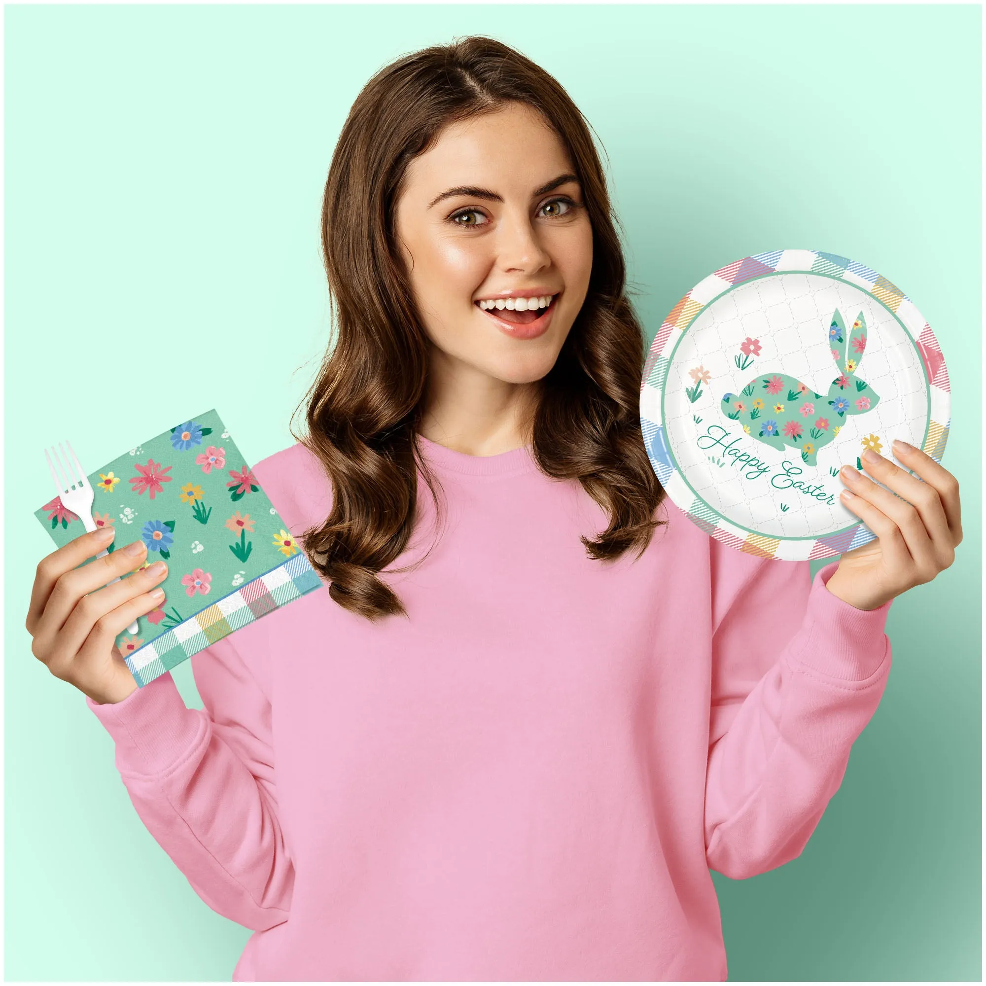Cottage Floral & Plaid Easter Bunny Round Paper Dinner Plates, Lunch Napkins, and Forks