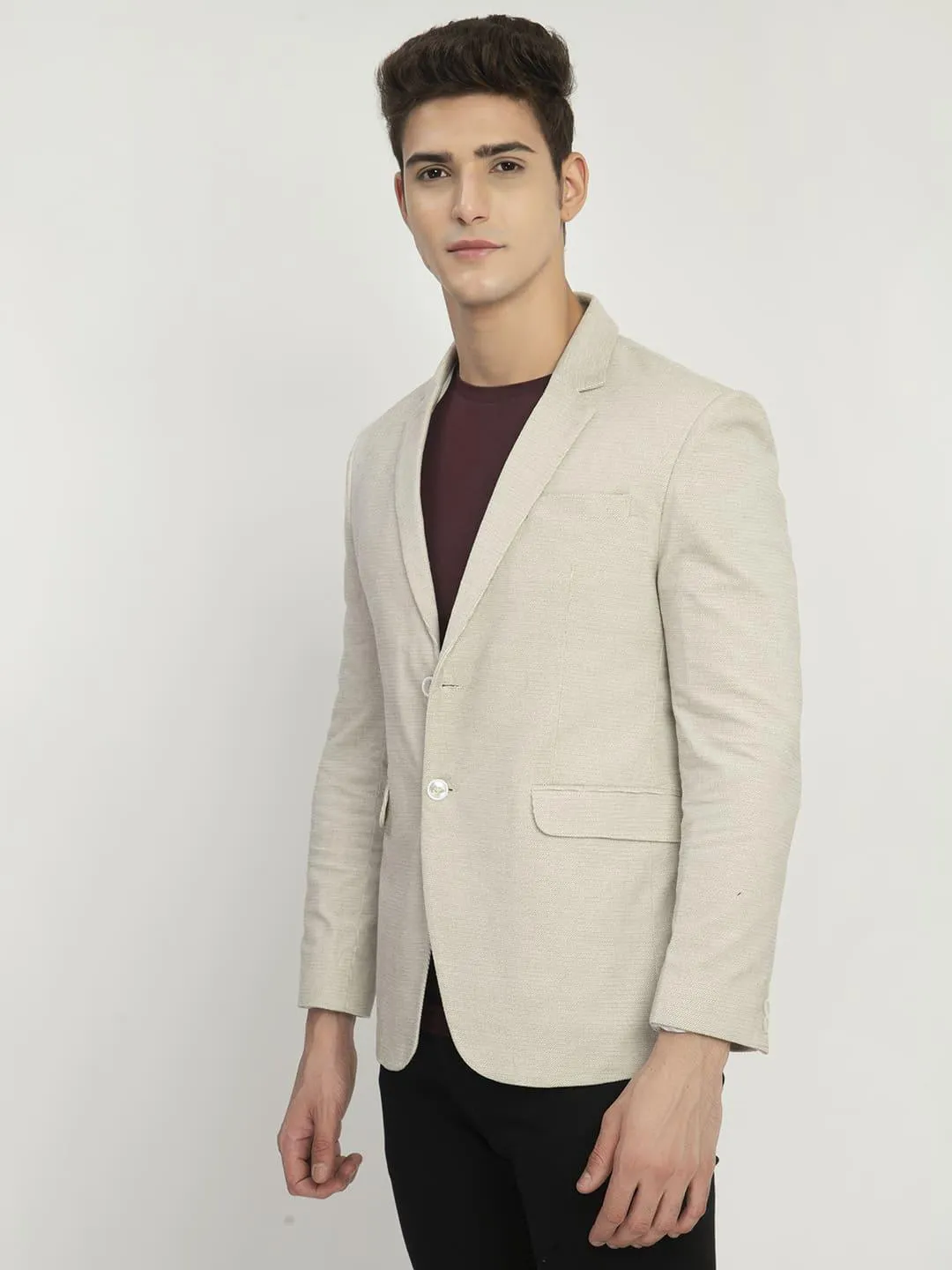 Cream Solid Cotton Blazer