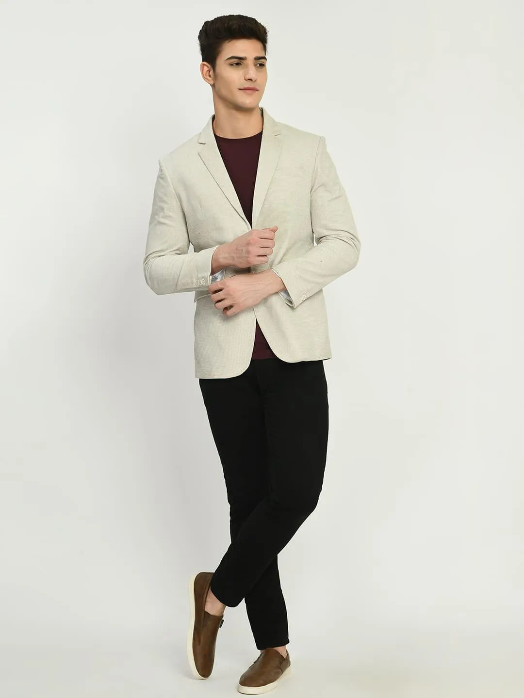 Cream Solid Cotton Blazer