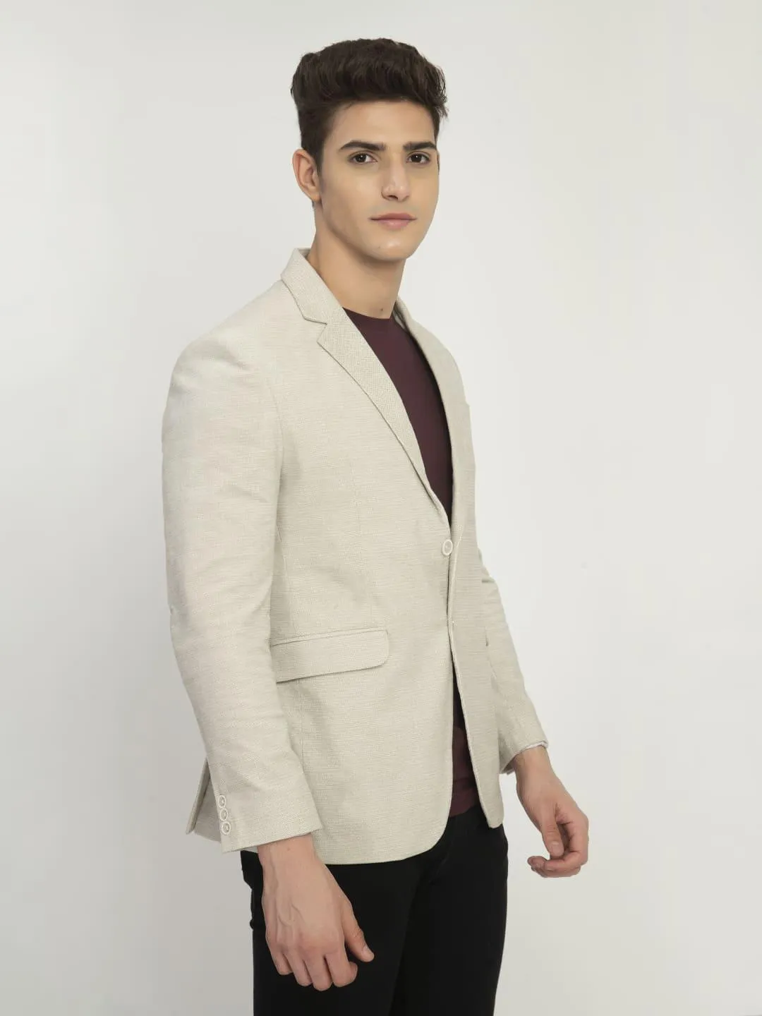 Cream Solid Cotton Blazer