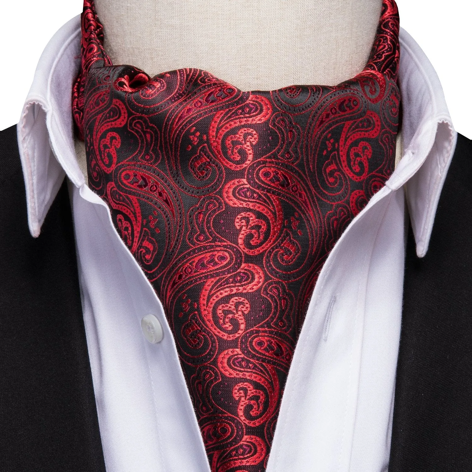 Dark Red Paisley Silk Ascot Tie Pocket Square Cufflinks Set