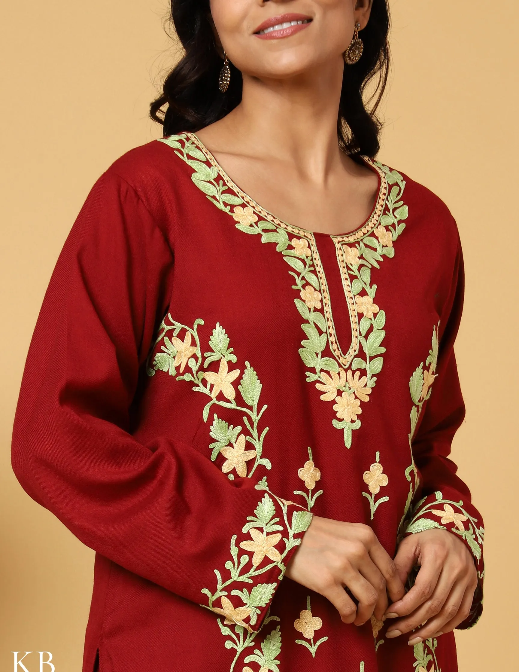 Deep Maroon Aari Embroidered Woolen Suit