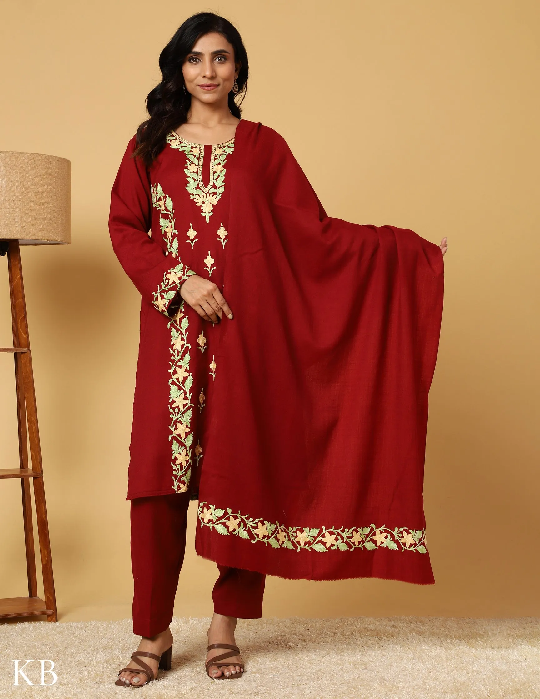 Deep Maroon Aari Embroidered Woolen Suit