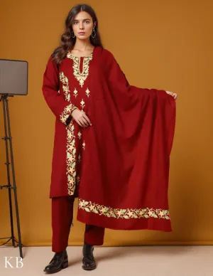Deep Maroon Aari Embroidered Woolen Suit