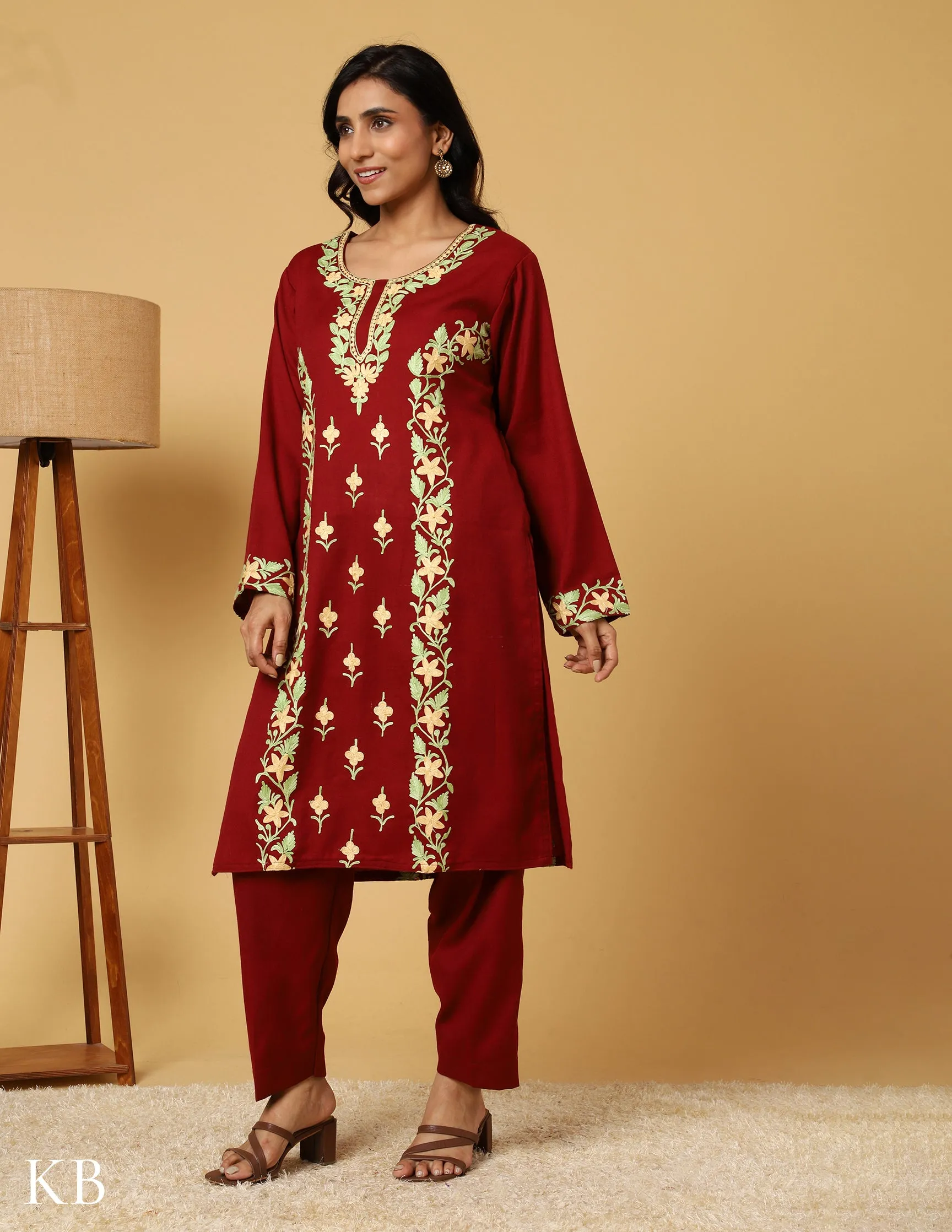 Deep Maroon Aari Embroidered Woolen Suit