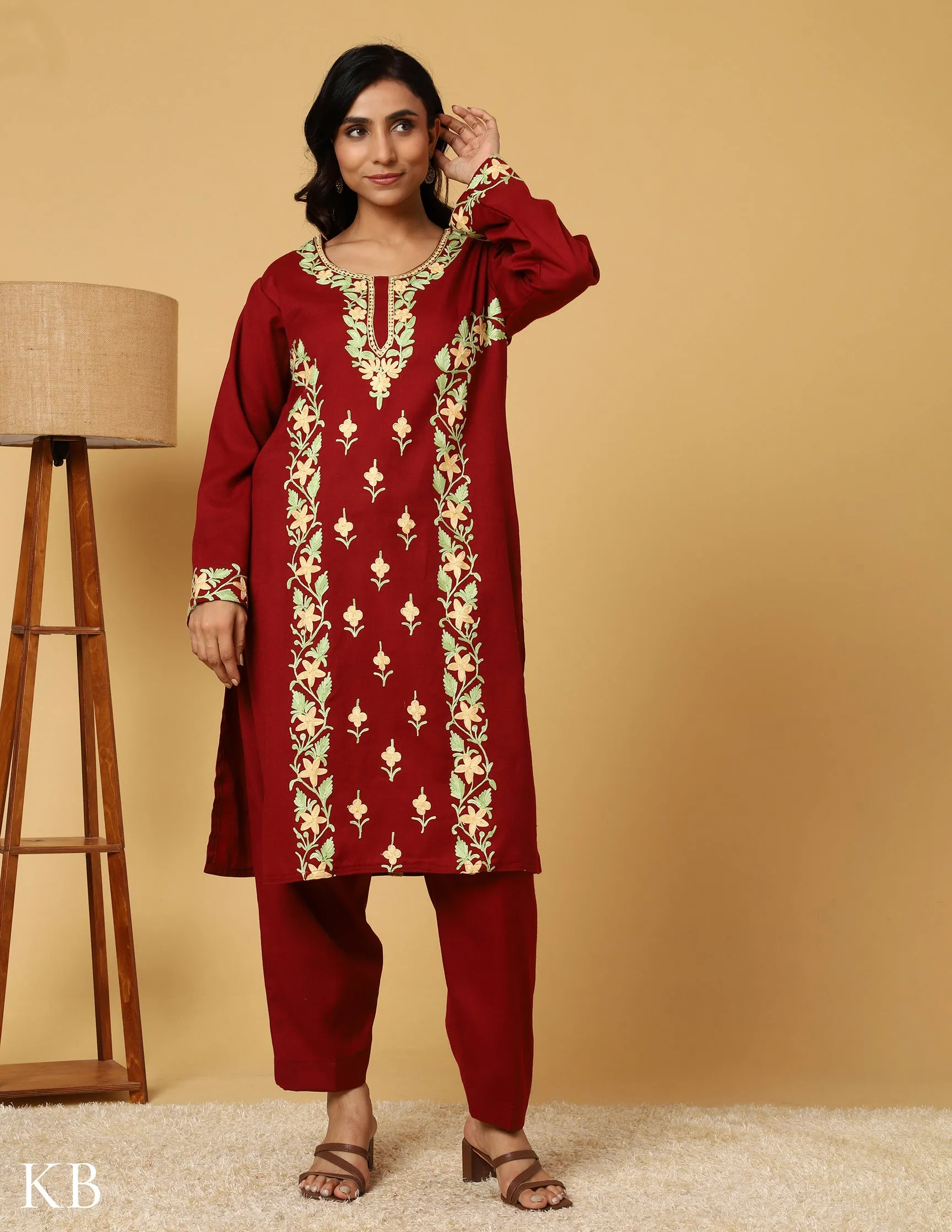 Deep Maroon Aari Embroidered Woolen Suit