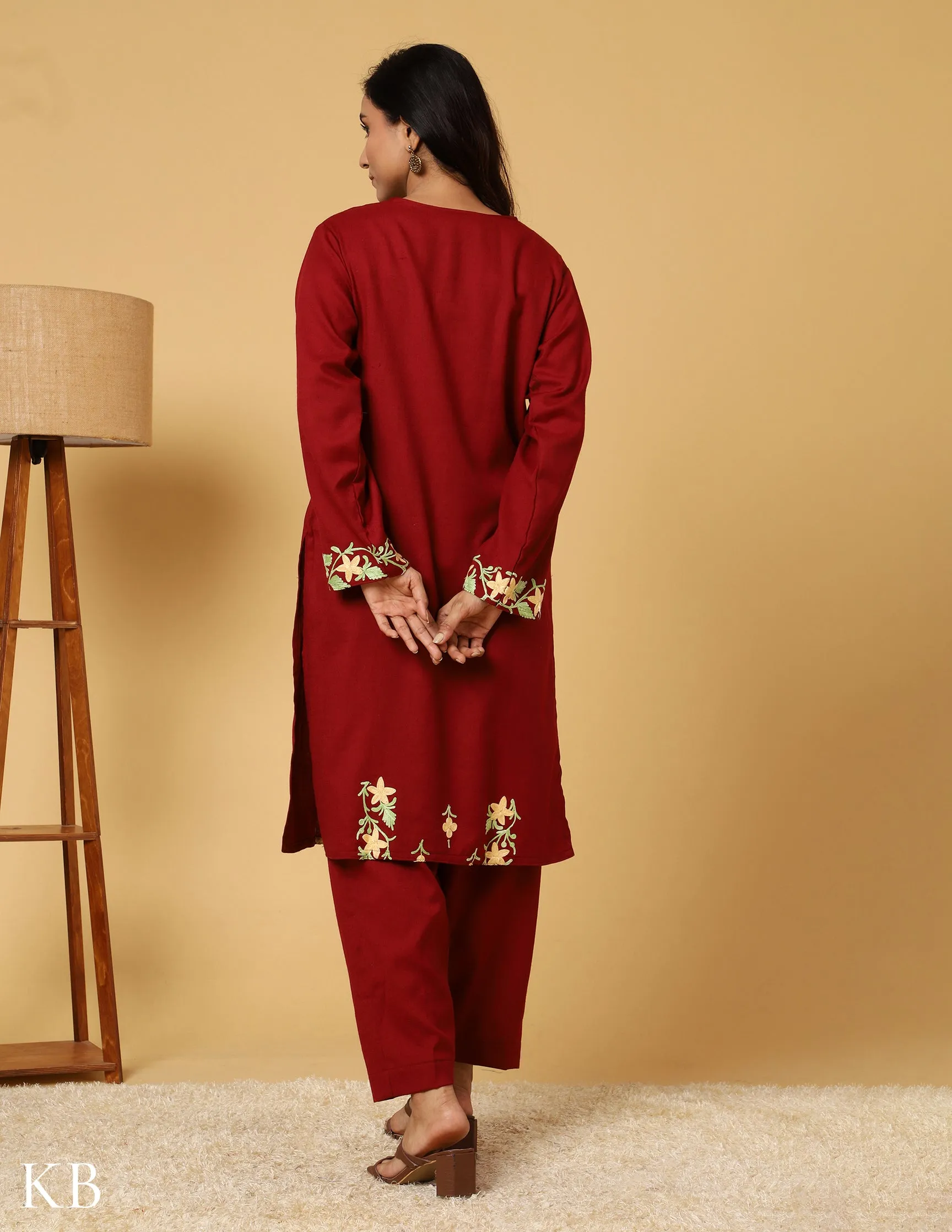 Deep Maroon Aari Embroidered Woolen Suit