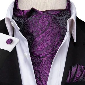 Deep Purple Paisley Ascot Pocket Square Cufflinks Set