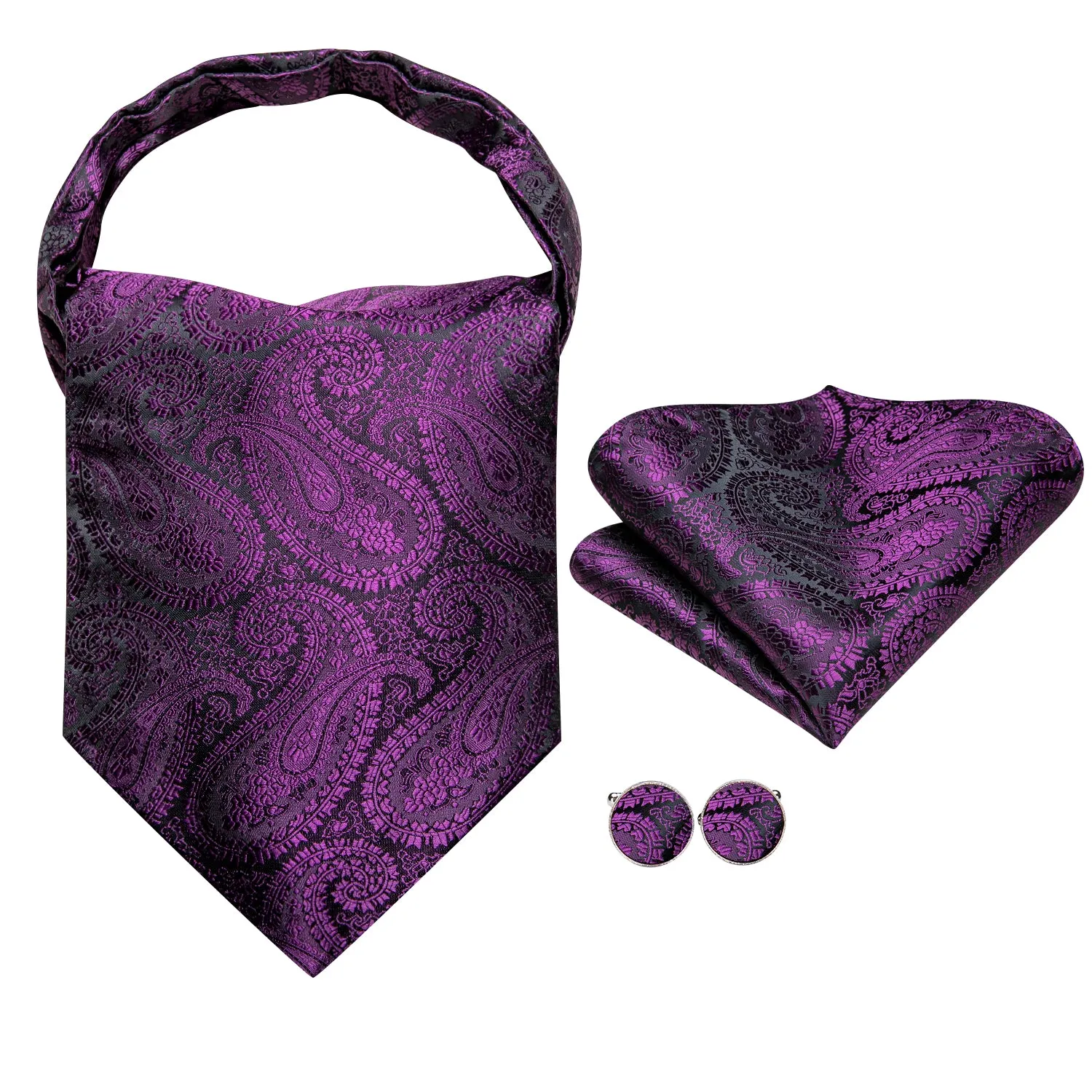 Deep Purple Paisley Ascot Pocket Square Cufflinks Set