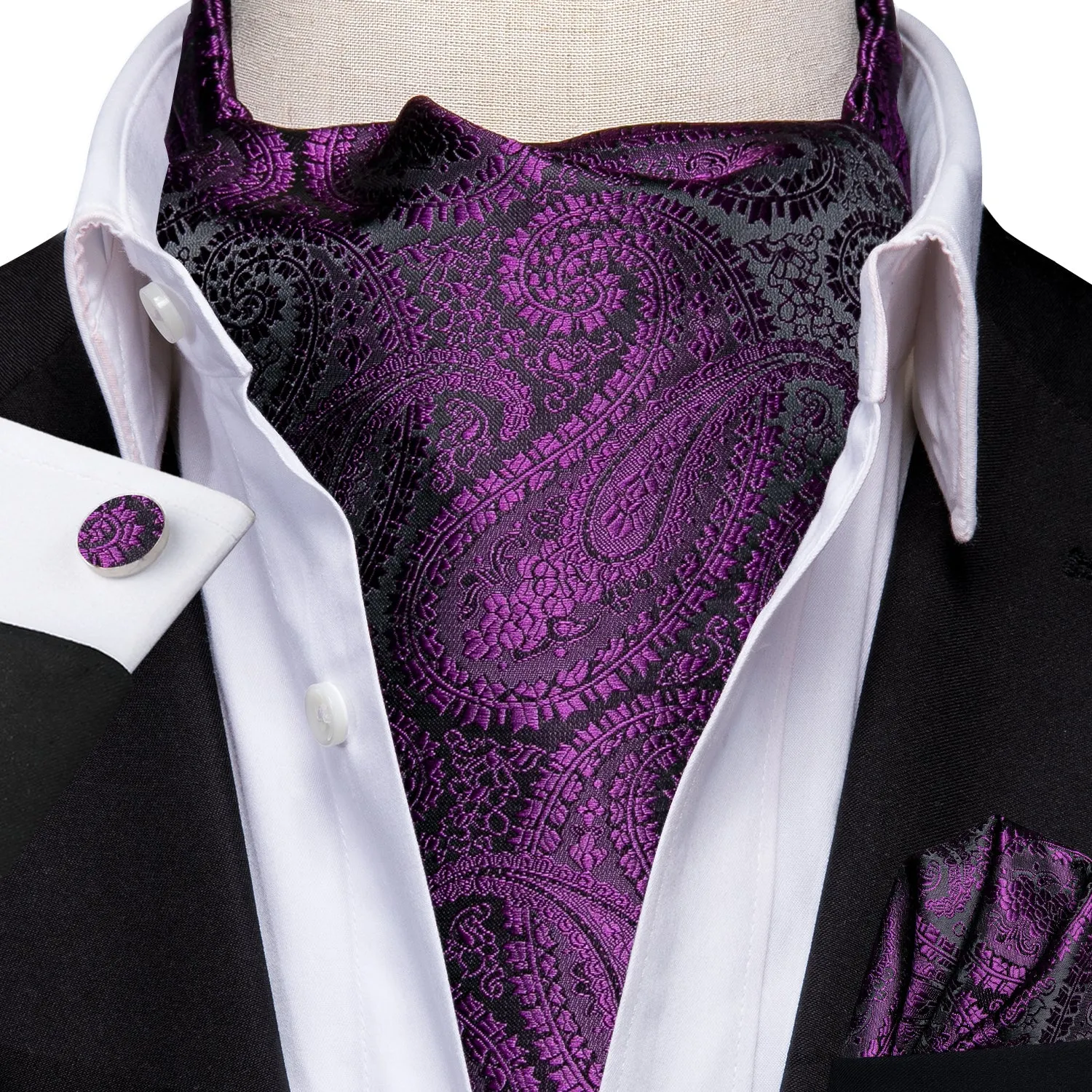 Deep Purple Paisley Ascot Pocket Square Cufflinks Set