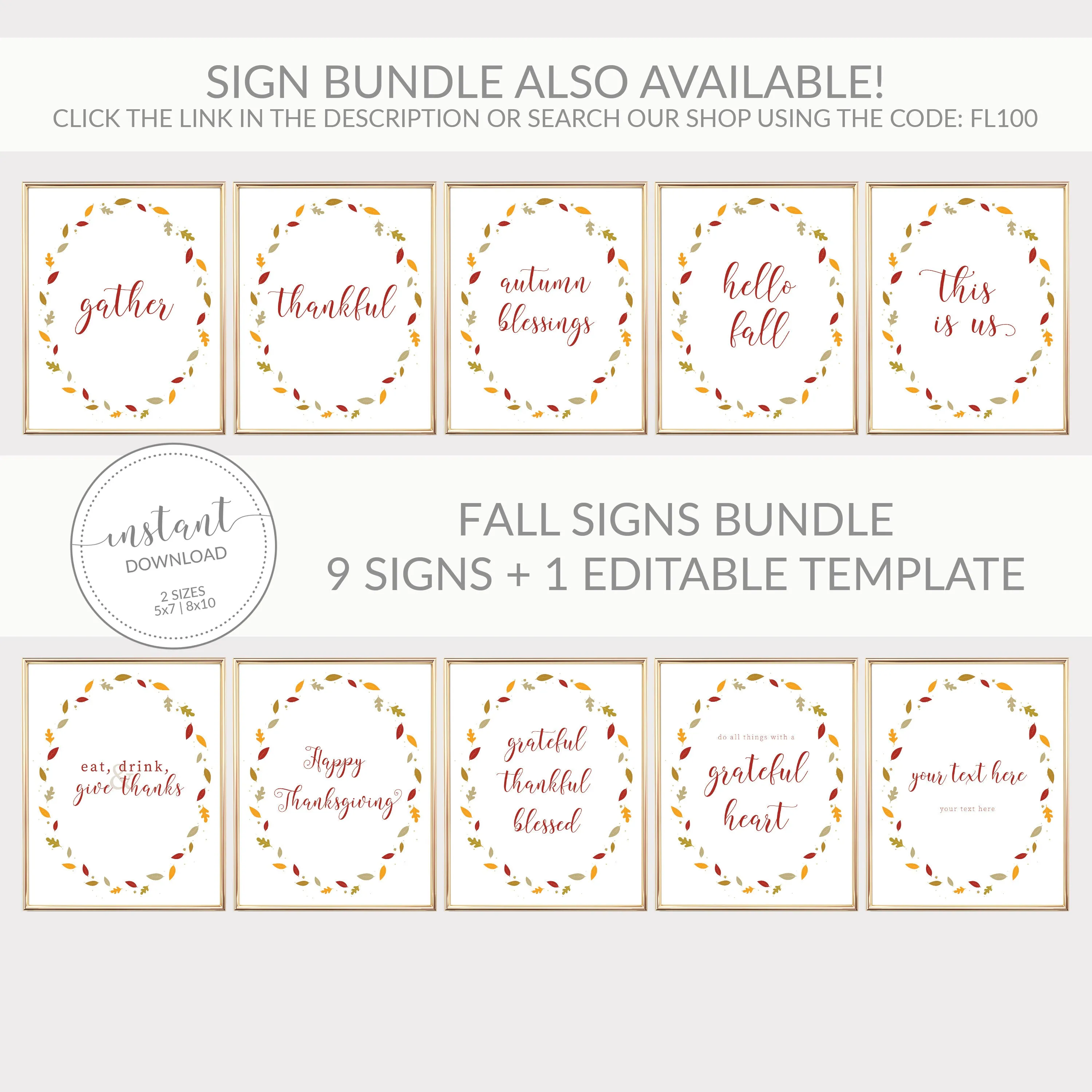 Fall Leaves Hello Fall Sign Printable, Thanksgiving Sign, Fall Art, INSTANT DOWNLOAD - FL100