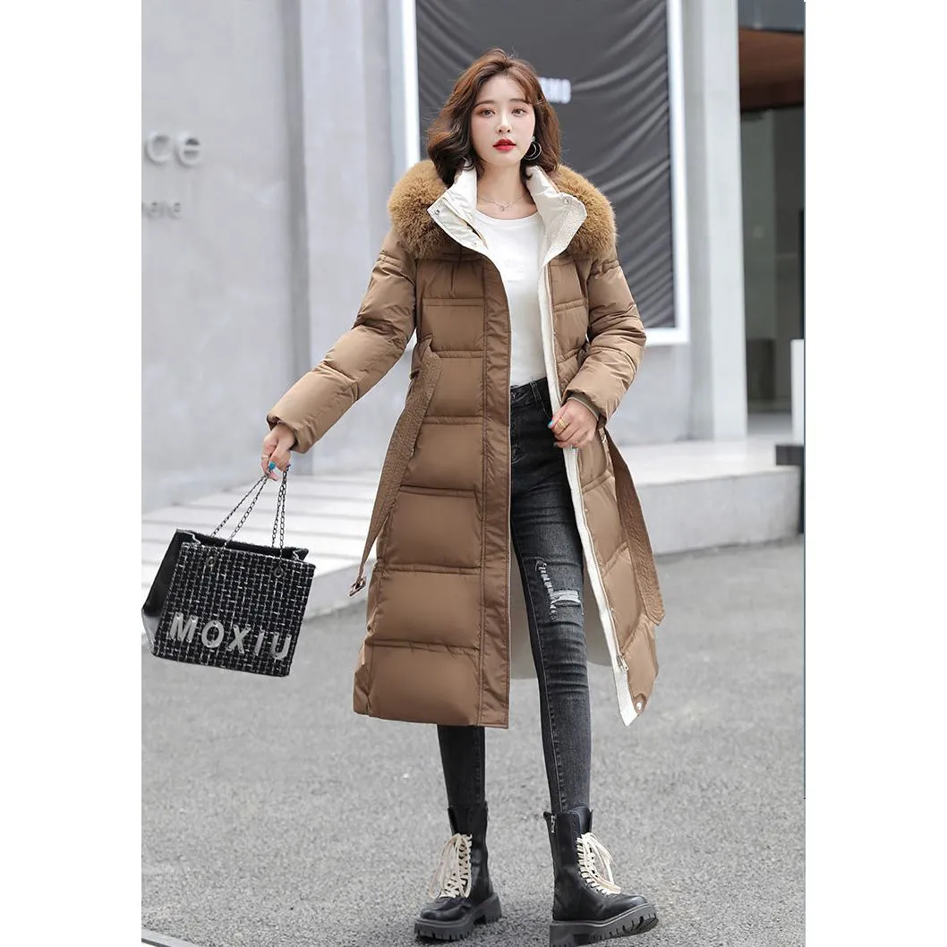 Fur Collar Knee-Length Belted Puffer Jacket