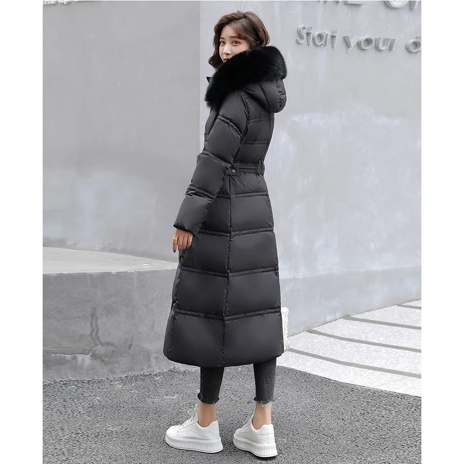 Fur Collar Knee-Length Belted Puffer Jacket