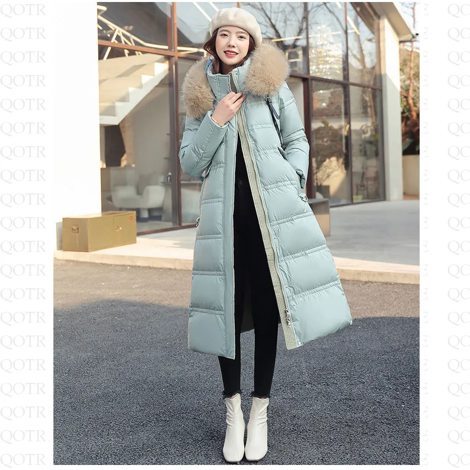 Fur Collar Knee-Length Belted Puffer Jacket