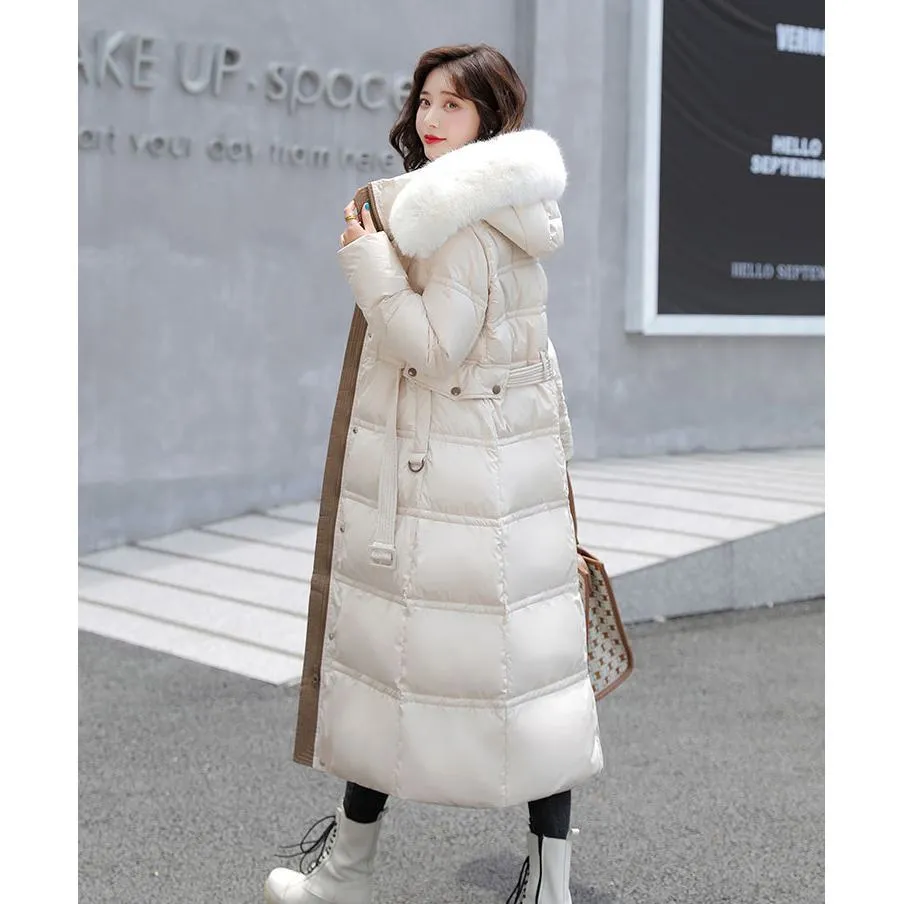 Fur Collar Knee-Length Belted Puffer Jacket