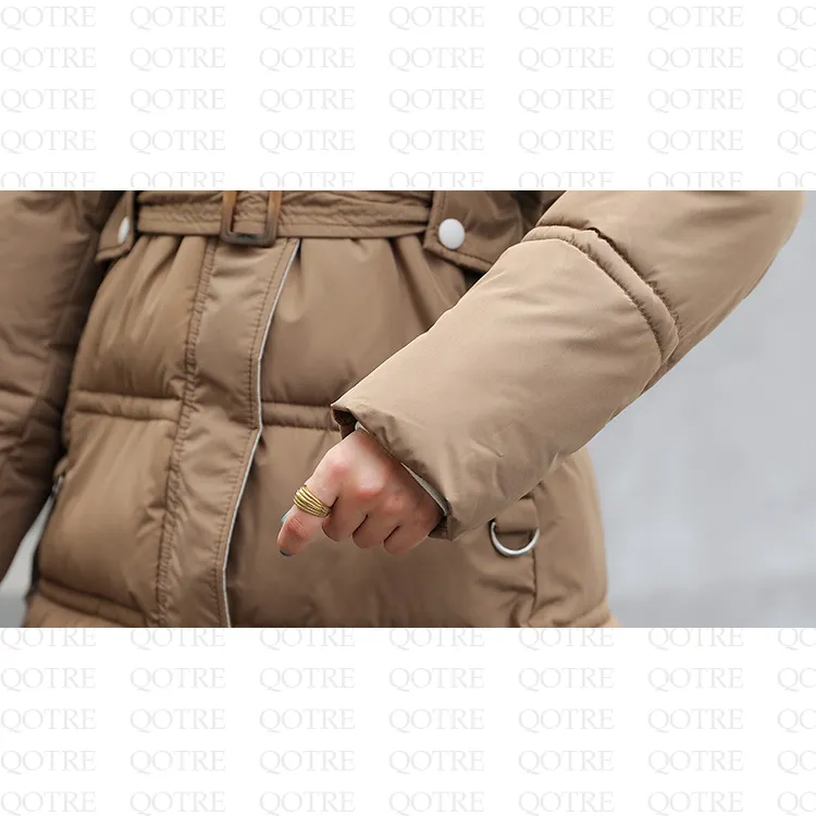 Fur Collar Knee-Length Belted Puffer Jacket