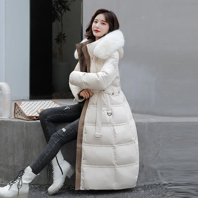 Fur Collar Knee-Length Belted Puffer Jacket