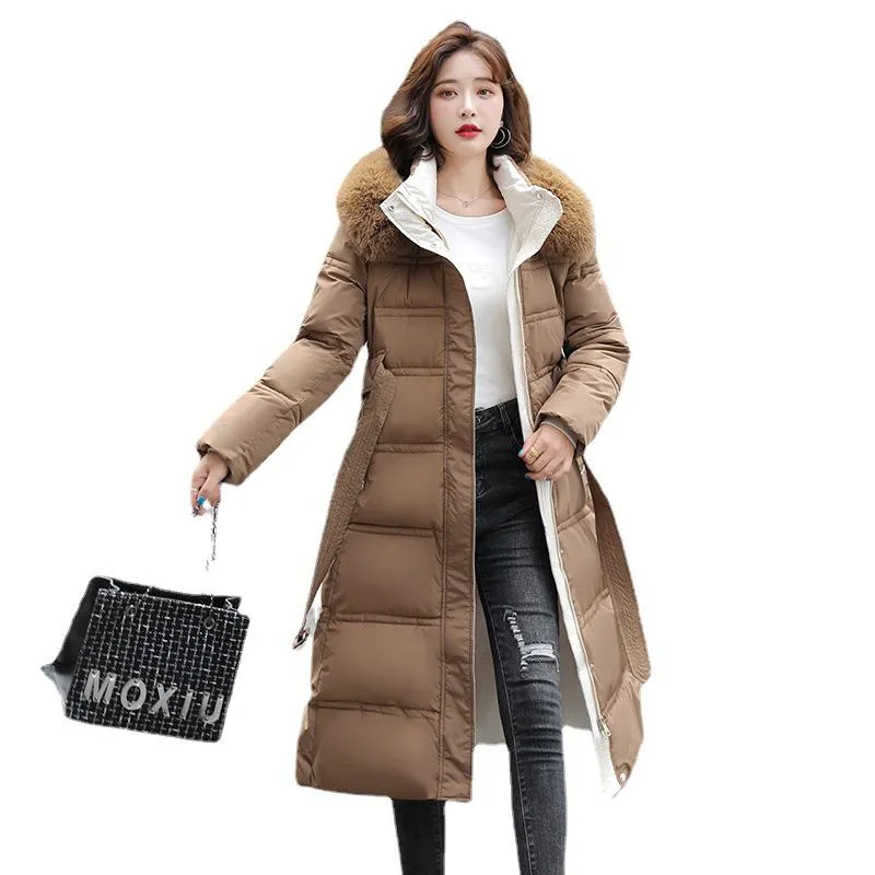 Fur Collar Knee-Length Belted Puffer Jacket