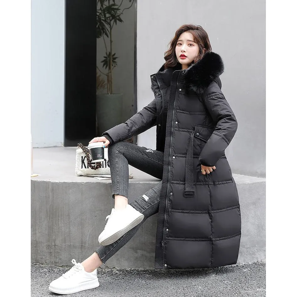 Fur Collar Knee-Length Belted Puffer Jacket