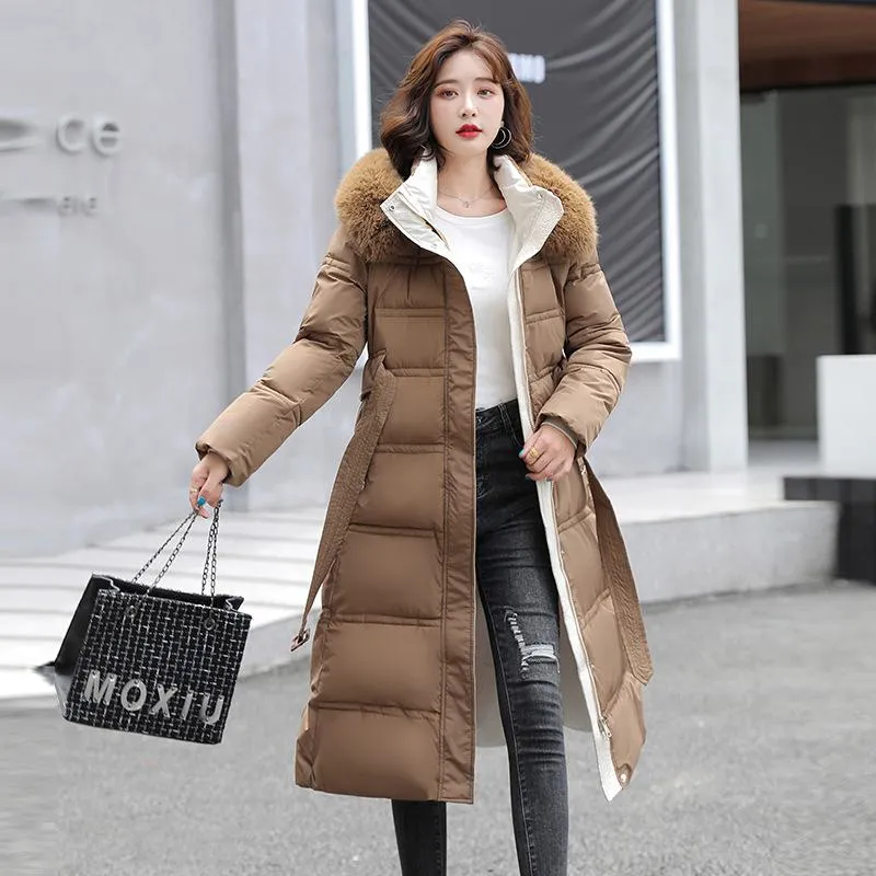 Fur Collar Knee-Length Belted Puffer Jacket