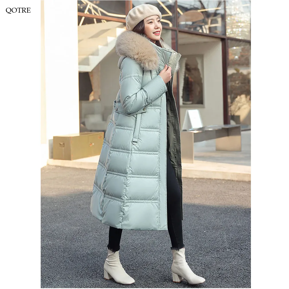 Fur Collar Knee-Length Belted Puffer Jacket