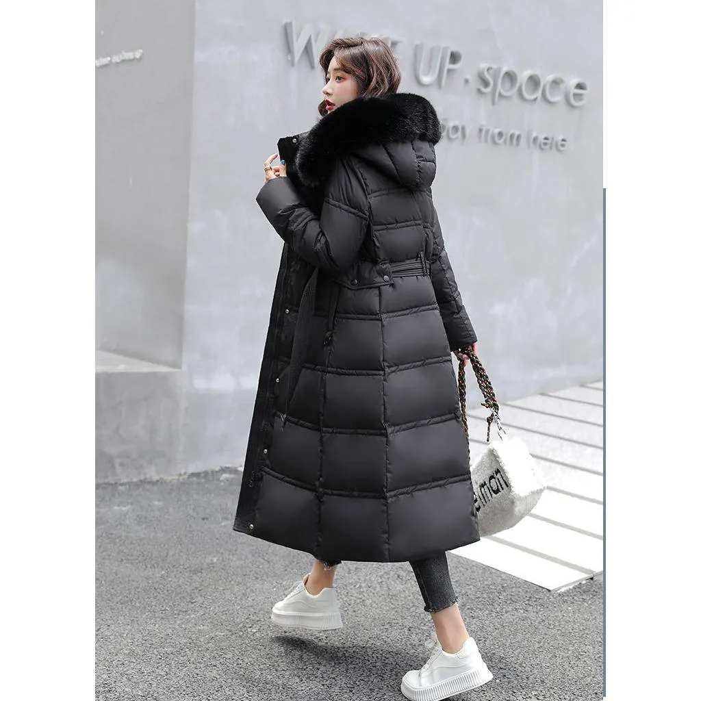Fur Collar Knee-Length Belted Puffer Jacket