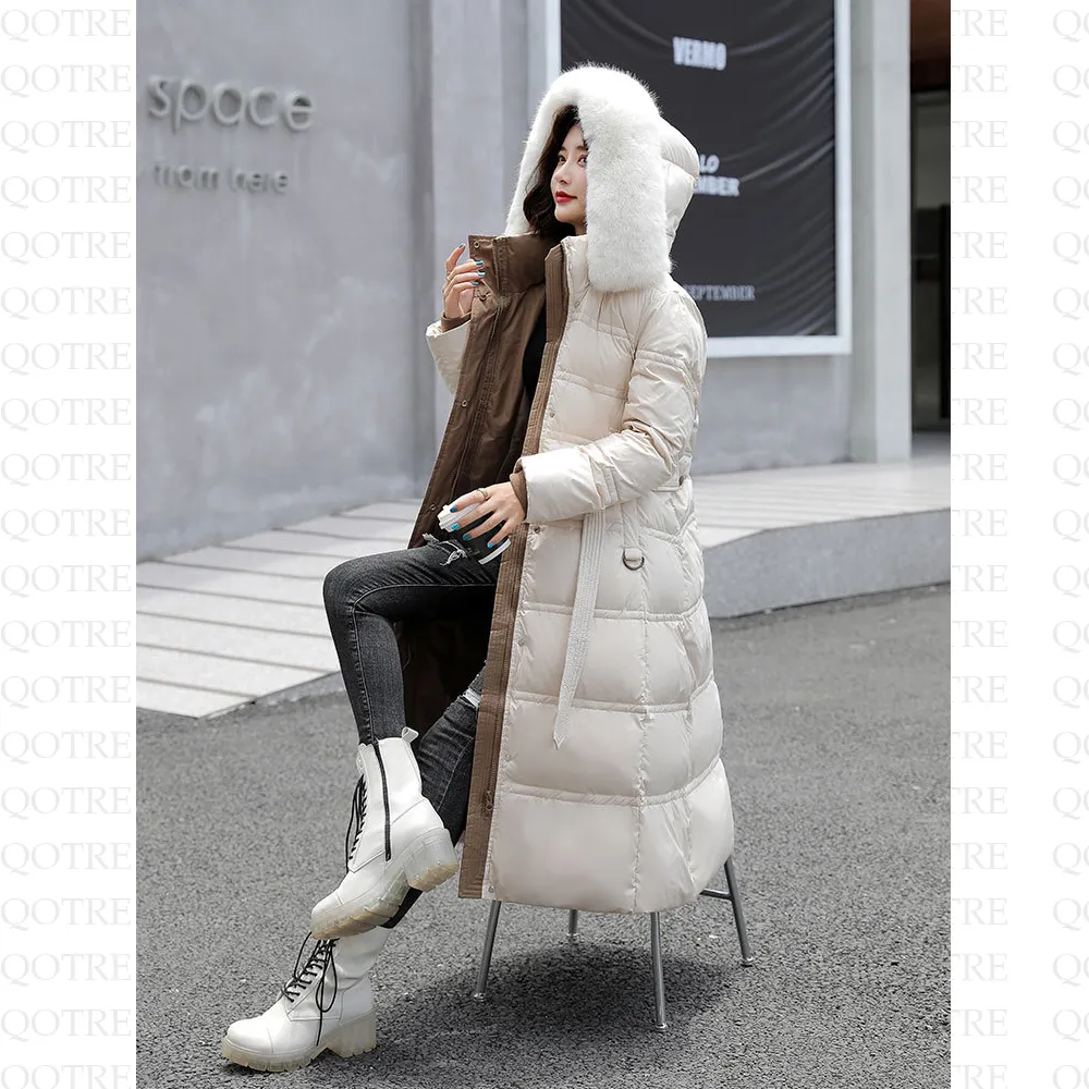 Fur Collar Knee-Length Belted Puffer Jacket