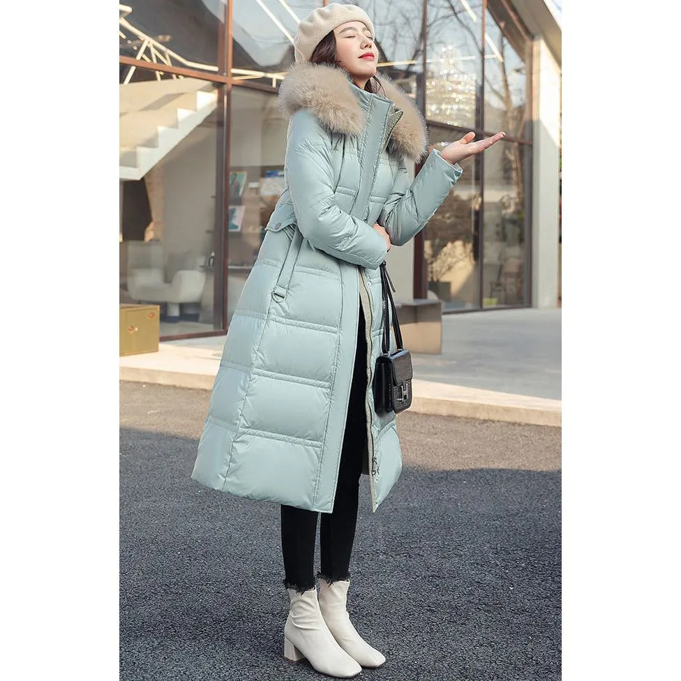Fur Collar Knee-Length Belted Puffer Jacket
