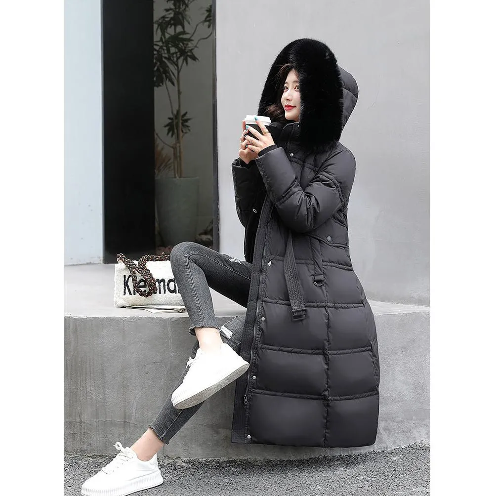 Fur Collar Knee-Length Belted Puffer Jacket