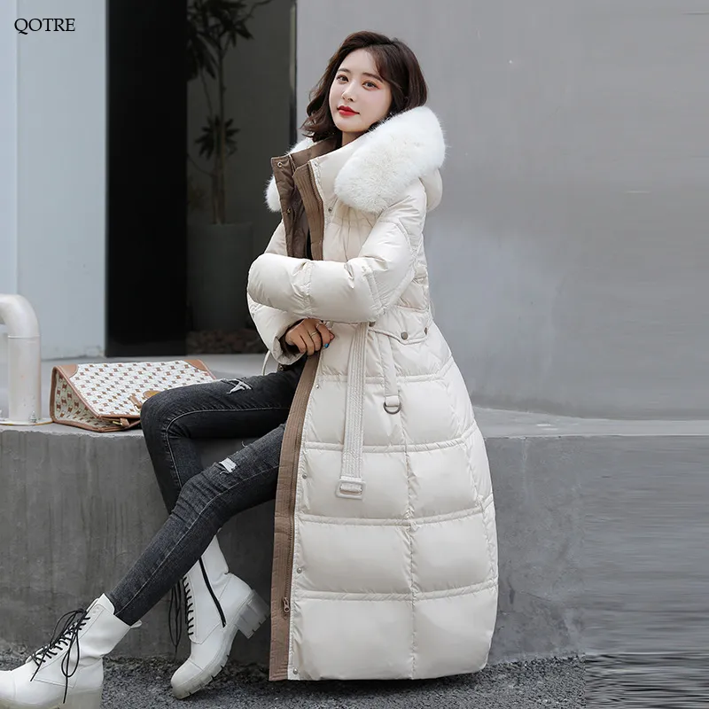 Fur Collar Knee-Length Belted Puffer Jacket