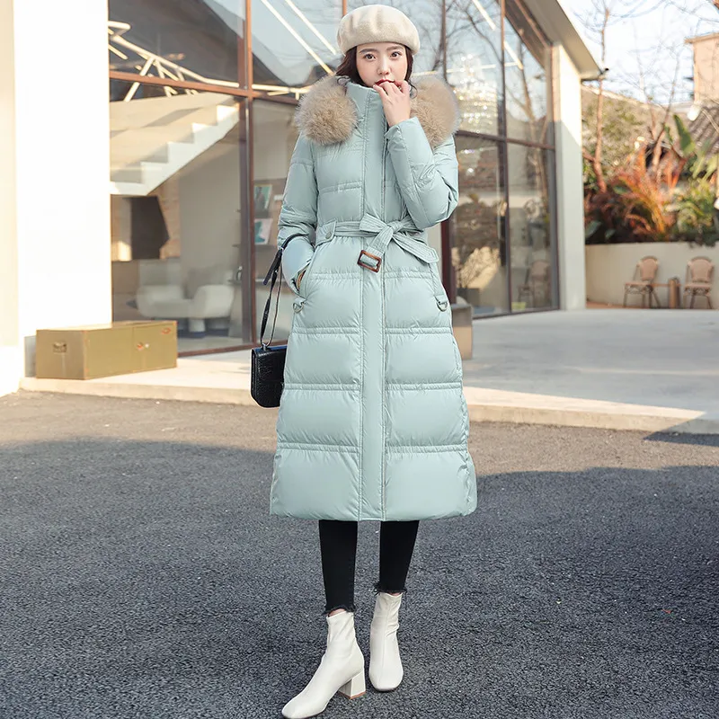 Fur Collar Knee-Length Belted Puffer Jacket