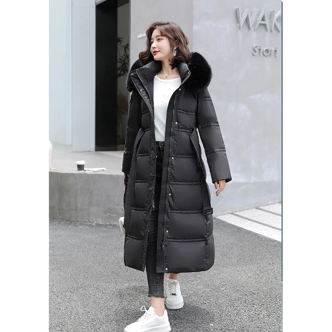 Fur Collar Knee-Length Belted Puffer Jacket