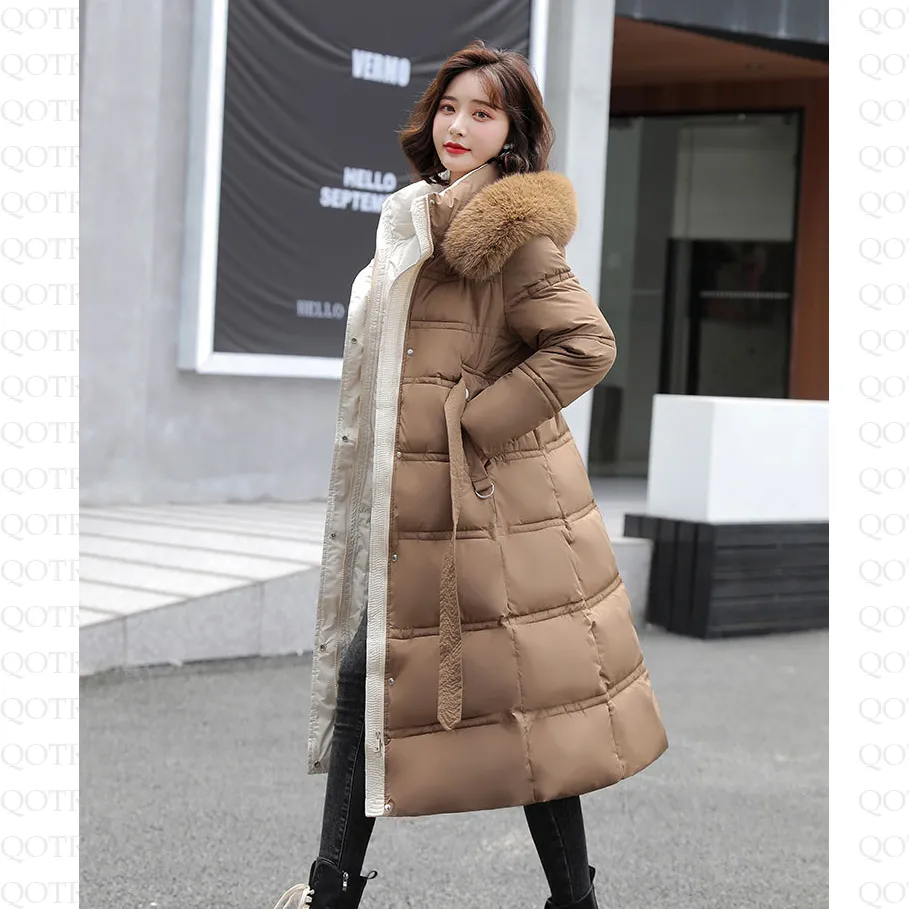 Fur Collar Knee-Length Belted Puffer Jacket