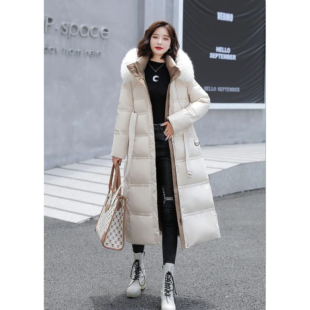 Fur Collar Knee-Length Belted Puffer Jacket