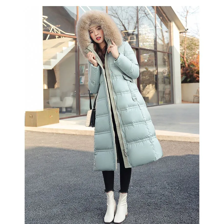 Fur Collar Knee-Length Belted Puffer Jacket