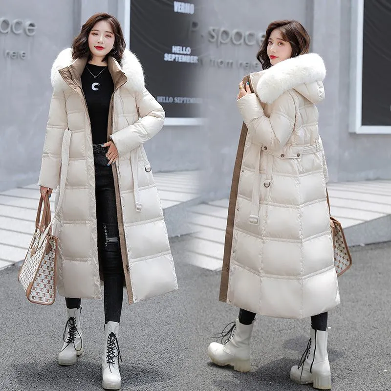 Fur Collar Knee-Length Belted Puffer Jacket