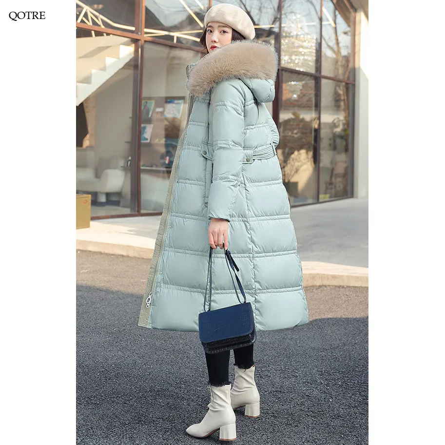 Fur Collar Knee-Length Belted Puffer Jacket