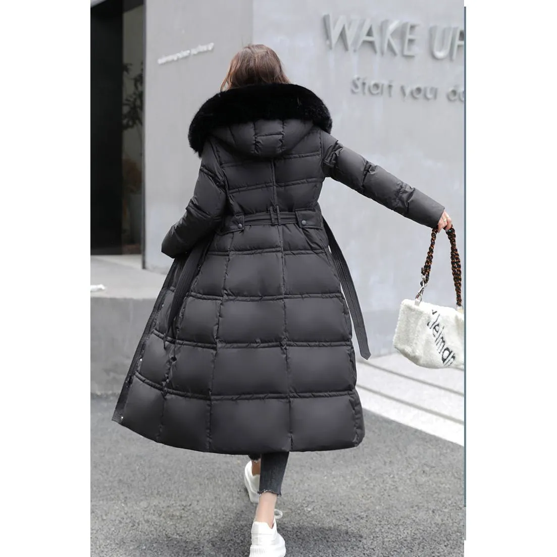 Fur Collar Knee-Length Belted Puffer Jacket