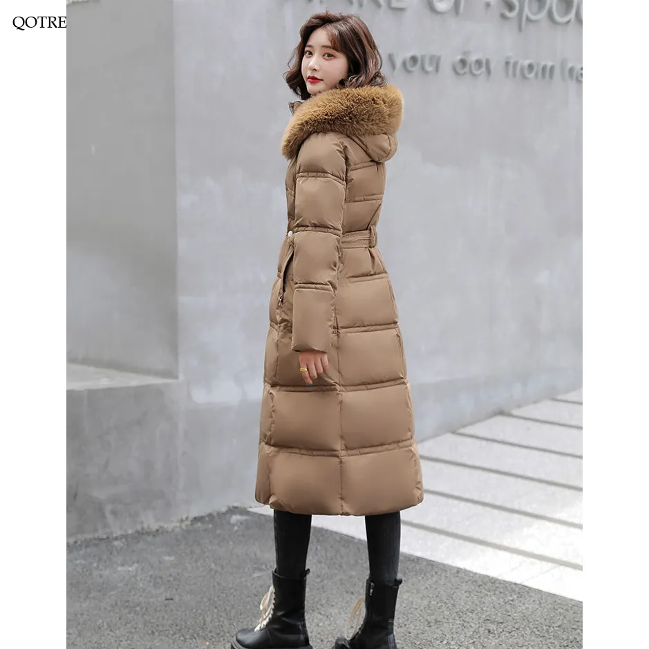 Fur Collar Knee-Length Belted Puffer Jacket